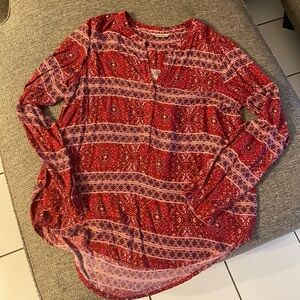 Lucky Brand Red Long Sleeve Blouse with Mandarin Collar